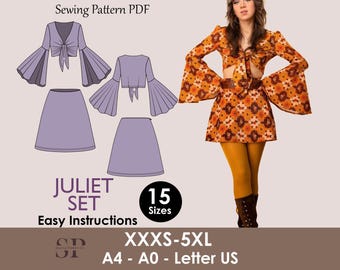 JULIET Set - 1970s Inspired Dress | boho set | Tie-front crop top deep neckline | Bell sleeve top, Short skirt dress| sewing Pattern PDF