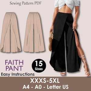 Op de afbeelding: Een naaipatroon PDF voor de Faith Pant, met eenvoudige instructies en maten XXXS-5XL. De afbeelding toont een vrouw die een zwarte broek met een hoge split draagt, en een schets van de broek in beige. Het patroon bevat 15 maten.