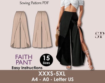 FAITH Pant - women wrap pant | women pant sewing PDF | slit pant | Women’s Comfy Pant | Wide leg pant | 15 Sizes| Digital trouser long pant
