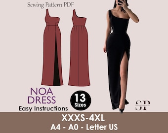 NOA Dress- Slit maxi dress| One shoulder dress | Women dress sewing pattern | long dress sewing pattern | PDF wedding, prom, evening dress