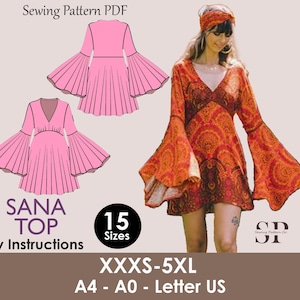 Bell Sleeve Mini Dress | mini dress pattern | PDF sewing pattern 15 size | 70s dress pattern | Sheath, short skirt | women dress pattern