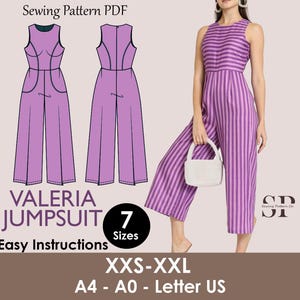 May include: A purple and white striped jumpsuit with a matching white purse. The image also shows a sewing pattern for a jumpsuit, with the text "VALERIA JUMPSUIT" and "Easy Instructions". The pattern includes sizes XXS-XXL.