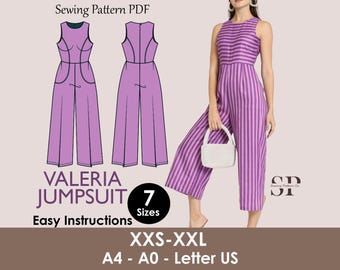 VALERIA Jumpsuit - Summer romper | Round Neckline | Women Long jumpsuit pattern| Sleeveless, short dress| sewing Pattern PD,F broad pant