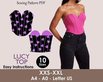 LUCY Top - bustier sweetheart neckline bodice | Heart Corset sewing pattern | Women TOP dress pattern| Bustier, women digital sewing PDF