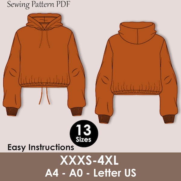 Crop Top Hoodie Sewing Pattern PDF | Women’s Cropped Sweatshirt Pattern | Easy Hoodie Pattern