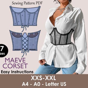 May include: A digital sewing pattern for the Maeve corset, featuring two illustrations of the corset design in blue. The image also shows a woman wearing a black and silver corset over a white shirt. Text includes "7 Sizes", "Easy Instructions", and size range XXS-XXL.