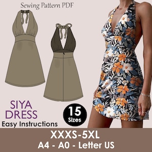May include: Image of a halter dress sewing pattern. The pattern includes two illustrations of the dress design, and a photo of the dress in a floral print. Text on the image reads "SIYA DRESS", "Easy Instructions", and "XXXS-5XL".