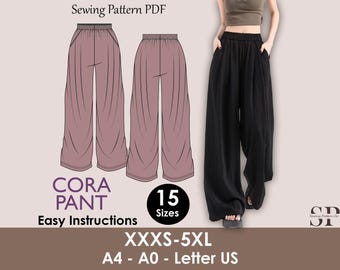 CORA Pant Sewing Pattern | Wide Leg Loose Trousers PDF |Elastic waist| oversized| Super Flairy Comfy| Women sewing pattern | Digital Pants
