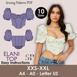 Könnte beinhalten: Ein Schnittmuster-PDF für ein Elani-Top mit Bustier-Design und Puffärmeln. Das Bild zeigt ein Model, das ein florales Top und Jeans trägt. Das Schnittmuster bietet 10 Größen von XXS bis XXL und ist in den Formaten A4, A0 und Letter US erhältlich.