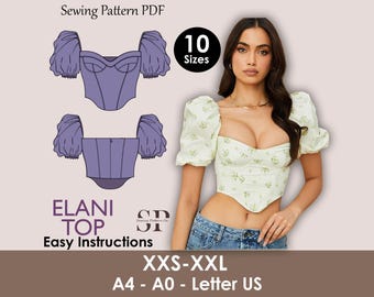ELANI Top - puff sleeve corset | square Back sewing pattern | Women TOP dress pattern|  | bustier Puffed sleeves girl sewing pattern pdf