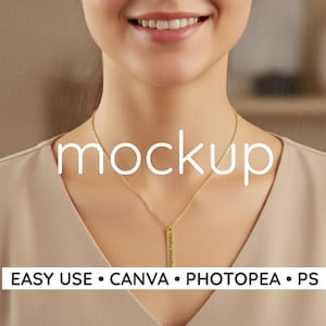 Mockup Gold Necklace Vertical Bar on Model Printify Jewelry Necklace for Engraving Mock Ups (PNG)