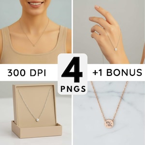 May include: Four images featuring a delicate necklace with a small, round pendant. The necklace is shown on a person, in a gift box, and on a hand. The images also include the text "300 DPI", "4 PNGS", and "+1 BONUS".