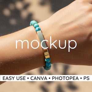 Mockup Naturstein Armband Bar Mock Up Stretch Armband POD Mockup Stein Armband Türkis 18K Gold Beschichtung (PNG)