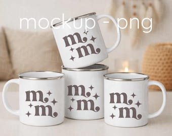 Mockup Camping Mugs White Enamel Cups Mockup POD (PNG)