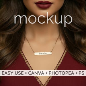 May include: A gold-colored necklace with a rectangular pendant engraved with the name "Marisa" in cursive script. The necklace is displayed against a burgundy background, with the word "mockup" in white text above. The bottom of the image includes the text "EASY USE • CANVA • PHOTOSHOP • PS".
