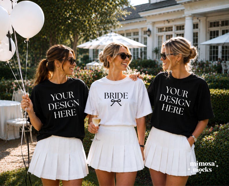 CC1717 black and white bachelorette group mockup — 3 models in garden estate, bride in white tee, bridesmaids in black — Bella Canvas 3001 compatible, instant download