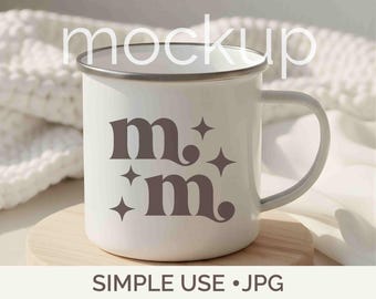 May include: White enamel mug with a gray rim and handle. The mug features the word "m.m" in a brown, retro font, with star accents. The text "SIMPLE USE • JPG" is at the bottom.