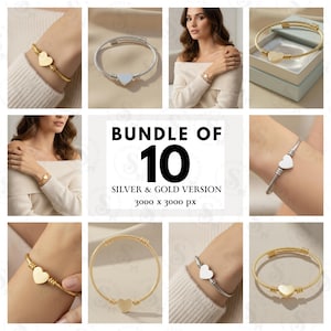 Puede incluir: Un lote de 10 pulseras de plata y oro, cada una con un dije en forma de corazón. La imagen muestra primeros planos de las pulseras, algunas puestas en una muñeca. El texto de la imagen dice "BUNDLE OF 10 SILVER & GOLD VERSION 3000 x 3000 px".