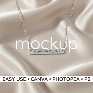 May include: A silver bar necklace with the text "mimosa mocks" on a satin background. The word "mockup" is in large white letters. The text "EASY USE • CANVA • PHOTOPEA • PS" is at the bottom.