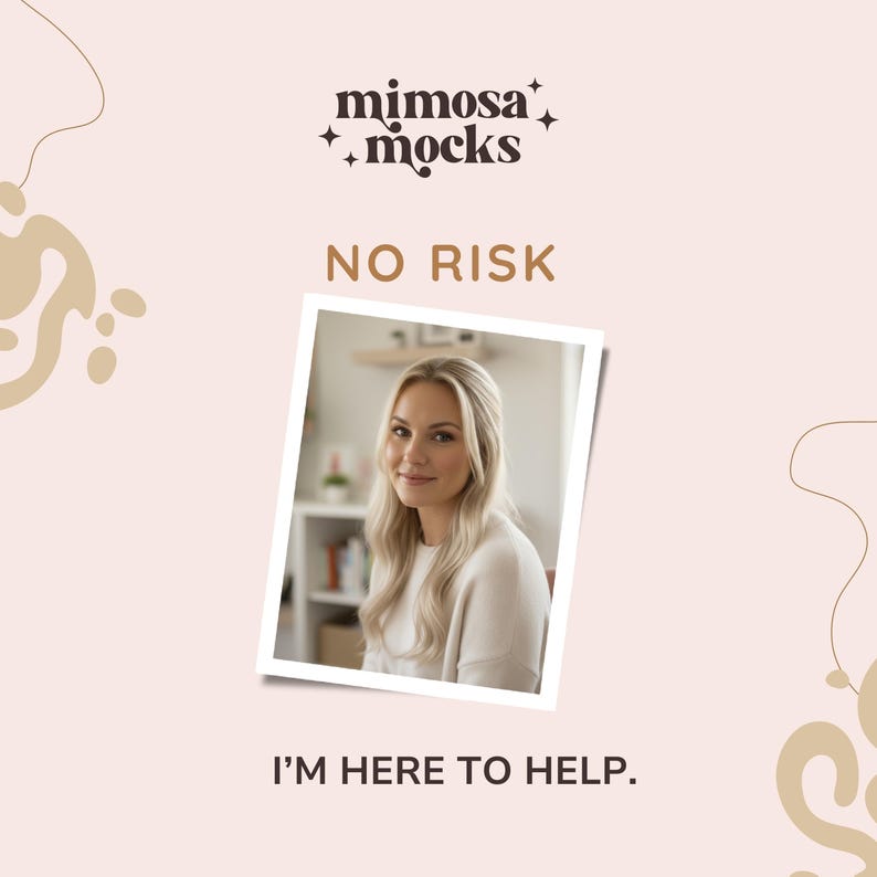 May include: A promotional image with the text "mimosa + mocks", "NO RISK", and "I'M HERE TO HELP." A framed photo of a woman with blonde hair is in the center. The background is a light pink color with abstract shapes.