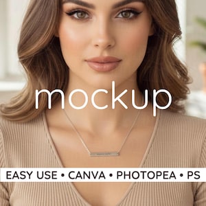 May include: A woman wearing a silver bar necklace with engraved text. The word "mockup" is displayed in white across the image. The bottom of the image displays the text "EASY USE • CANVA • PHOTOPEA • PS".