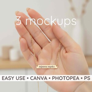 May include: A gold-colored necklace with a rectangular pendant engraved with "mimosa mocks" is held in a hand. The image includes the text "3 mockups" and the phrases "EASY USE • CANVA • PHOTOPEA • PS".