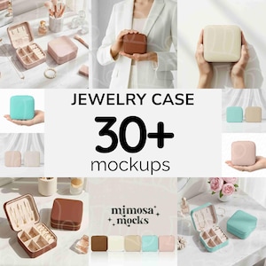 May include: A collection of jewelry cases in various colors, including brown, beige, teal, and pink. The image features open and closed cases, showcasing interior compartments. Text reads "JEWELRY CASE 30+ mockups" and the Mimosa Mocks logo.