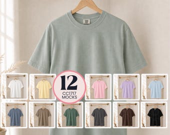 Comfort Colors® CC1717 Mockup Bundle 12 Hanging Shirt Colors, Garment Dyed Tee Neutral Boho POD Photos
