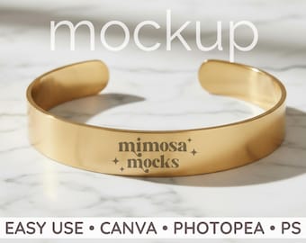Mockup di bracciale rigido in oro, Mockup di gioielli incisi Printify POD (PNG)