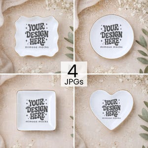May include: A set of four white ceramic trinket dishes in square, round, and heart shapes with gold-toned rims. Each dish features the black text YOUR DESIGN HERE and mimosa mocks with star accents. The collection includes four distinct JPG files.