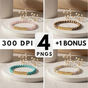 Pode incluir: Quatro pulseiras de contas nas cores rosa, castanho, turquesa e creme, cada uma com uma barra dourada gravada com "Your Design Here". A imagem também inclui o texto "300 DPI", "4 PNGS" e "+1 BONUS".