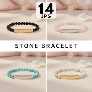 May include: Four stone bracelets are displayed. The bracelets feature various colored beads: black, pink, turquoise, and white. Each bracelet has a rectangular metal accent. The text "STONE BRACELET" is displayed below the bracelets.