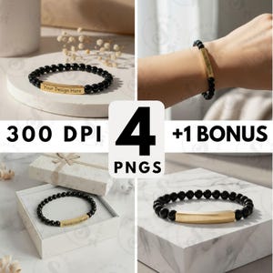 May include: Black beaded bracelet with a gold-colored rectangular plate. The plate has the text "Your Design Here" or "Your Bestseller Here". The image also includes a gift box and a hand wearing the bracelet. The image also includes the text "300 DPI", "4 PNGS", and "+1 BONUS".