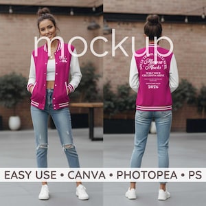 May include: A magenta varsity jacket with white sleeves and trim. The front of the jacket has the text "m. m.", and the back has the text "SPEAKTREND. Mimosa Mocks. MAKE YOUR CREATIONS SHINE 2026". The bottom of the image has the text "EASY USE • CANVA • PHOTOPEA • PS".