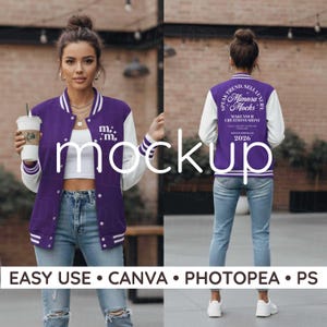May include: A purple and white varsity jacket with the text "Mimosa + Mocks" and "Make Your Creations Shine". The jacket has white sleeves and a white stripe design. The image also includes the text "EASY USE • CANVA • PHOTOPEA • PS".