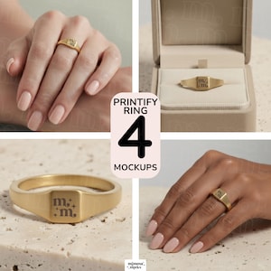 May include: Gold signet ring with engraved initials. The ring is shown in multiple mockups, including on a finger and in a ring box. The text "PRINTIFY RING 4 MOCKUPS" is also visible.