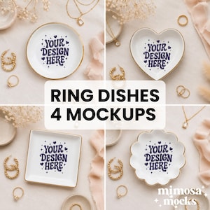 May include: Four white ceramic ring dishes with gold-toned rims in round, heart, square, and scalloped shapes. Each dish features the dark purple text YOUR DESIGN HERE surrounded by small heart and star icons, displayed with jewelry accessories.