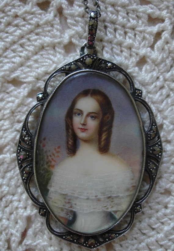 Hand Painted Georgian Lady Silver Marcasite Choker