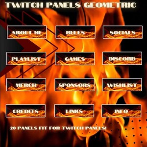Può includere: Grafica con pannelli Twitch dal design geometrico. I pannelli includono etichette come "About Me", "Rules", "Socials", "Playlist", "Games", "Discord", "Merch", "Sponsors", "Wishlist", "Credits", "Links" e "Info". Lo sfondo è arancione infuocato.