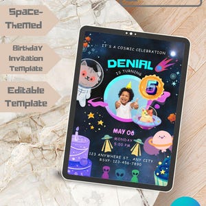 Modèle d'invitation d'anniversaire sur le thème de l'espace cosmique | Invitation à une fête modifiable pour astronautes et galaxies pour enfants | Carte d'anniversaire sur l'espace