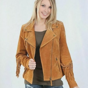 Women Western Style Suede Leather Jacket Fringe & Zip Closure - Tan Brown