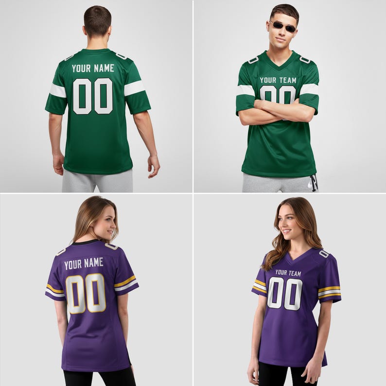 K&ouml;nnte beinhalten: Vier Bilder von American-Football-Trikots in Gr&uuml;n und Lila. Die gr&uuml;nen Trikots haben wei&szlig;e Akzente und den Text "YOUR TEAM" und "00". Die lila Trikots haben goldene Akzente und den Text "YOUR NAME" und "00".