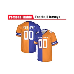 Puede incluir: Dos camisetas de fútbol americano con un diseño dividido en naranja y azul. Las camisetas muestran el texto 'YOUR NAME' y 'YOUR TEAM' con el número '00' en blanco. El texto 'Personalizable Football Jerseys' aparece sobre las prendas.