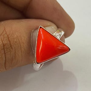 925 Sterling Silver Triangle Red Coral Moonga Gemstone Plain Design Silver Adjustable Ring