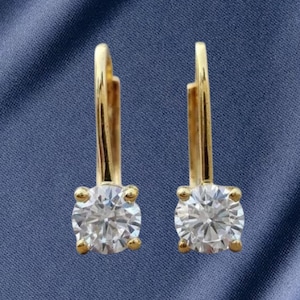 GRA Moissanite Lever Back Drop Earrings: 14K Yellow Gold over Sterling Silver