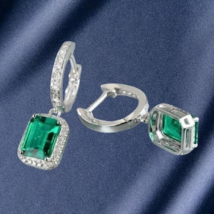 Emerald Drop/Dangle Women&#39;s Earrings 14K White Gold Clip-On Green Diamond Handmade Earrings For Her 925 Sterling Silver Earring Jewelry