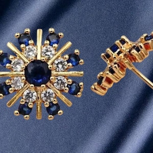 14K Gold Sapphire Diamond Cluster Earrings: Vintage Sterling Silver Studs