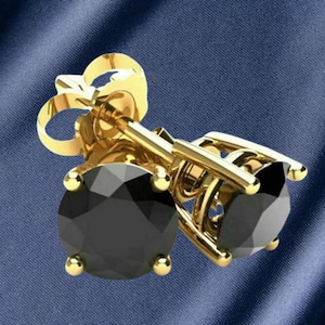 Boucle d'oreille ronde en or jaune 14 carats avec diamants noirs et onyx faits à la main Boucles d'oreilles en argent sterling 925 faites à la main, cadeau pour elle