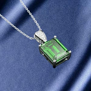 Emerald Cut Green Diamond Solitaire Pendant: 14K Yellow Gold & Sterling Silver