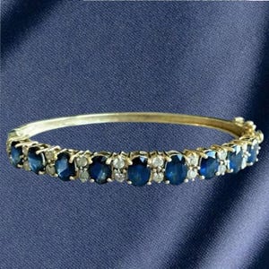 Blue Sapphire Diamond Bangle Bracelet: 14K Gold & Sterling Silver